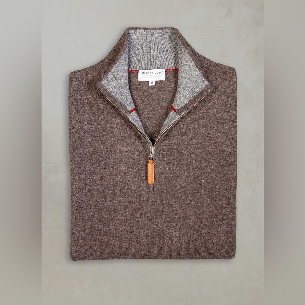 Lorenzo Uomo Men’s Madison Quarter Zip Cashmere Sweater in Brown Heather -Size S